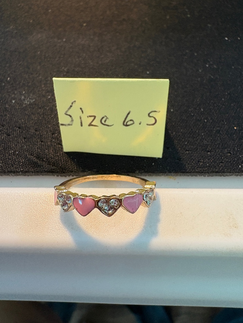 Gold Heart Band Ring with Pink Enamel and Crystals Size 6.5